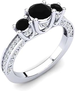 Sterling Silver 925 Black Spinel Three Stone Ring With Rhodium Plated | Wedding, Anniversery And Engagement Collection