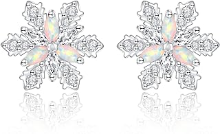 Sterling Silver Snowflake Stud Earrings - Opal Snow Hypoallergenic Earrings with CZ Christmas Winter Holiday Jewelry Gift for Women Snow Lovers