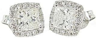 1.38 CT. Natural Square Princess Cut Diamond 14K White Gold Halo Stud Earrings for Girls & Women