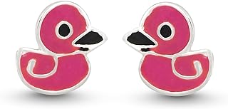 Aeravida Ducky Duck Colored Enamel .925 Sterling Silver Stud Earrings | Stud Earrings for Women Sterling Silver | Sterling Silver Stud Earrings | 9 mm Stud Earrings | Pink Colored Stud Earrings