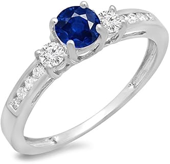 Art Deco 14K White Gold Engagement Ring with Round Cut Blue Sapphire and Diamond Accents for Women, Dazzlingrock Collection, Size 5