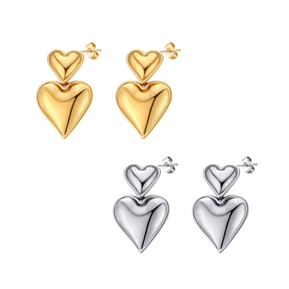 Gold Titanium Double Heart Drop Earrings with French Wire for Women, Dangle Design