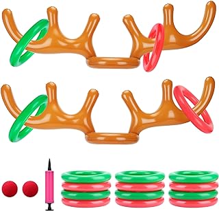 Inflatable Reindeer Antler Ring Toss Game for Christmas Party Supplies - Christmas Reindeer Game with Red Nose, Xmas Target Game Toy