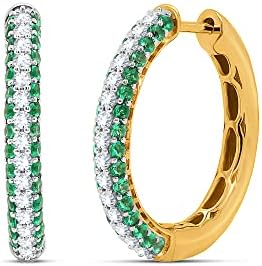 Green Simulated Emerald & White Diamond Hoop Earrings with Hinged Hoop in 18K Yellow Gold Plated Silver - 1.50 Cttw