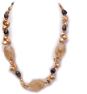 Elegant JYX 10x12mm Yellow Coin Pearl, Smoky Quartz and Yellow Crystal Necklace with Sturdy Cable Chain