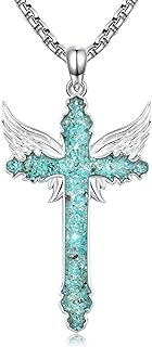 Cross Sword Necklace for Men Women S925 Sterling Silver Turquoise Guardian Angel Wings Sword Pendant Necklace Amulet Retro Gothic Gift for Son Boyfriend Father Husband