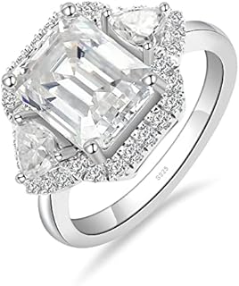5ct Moissanite Engagement Ring for Women,3 Stone Emerald Cut D Color VVS1 Lab Created Diamond Vintage Wedding Band,S925 Sterling Silver with 18K White Gold Plated Promise Valentine Ring（size 4-11）