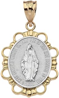 14k Two-Tone White and Yellow Gold Blessed Virgin Mary Large Pendant Necklace, No Clasp, Handcrafted in USA - Religious Jewelry for Devotion and Faith Expression, Oval Medal Design