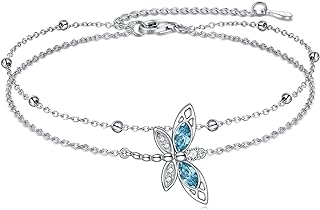 Lobster Claw Clasped, Sterling Silver Dragonfly Anklet with Crystal Accents for Women, Elegant Birthday/Anniversary Gift