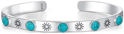 Vintage Turquoise Cuff Bracelet with Sterling Silver Chain for Women - Bohemian Style Gem Bangle
