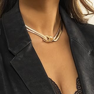 Silver Gold Knot Double Layered Necklace with Snake and Herringbone Chains, Secured Lobster Clasp, Punk Style for Women and Girls