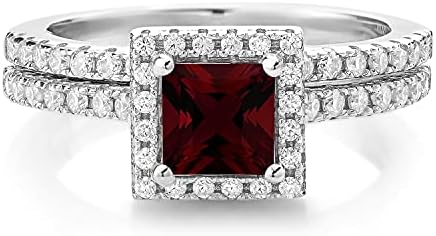 Princess Cut Red Garnet and White Moissanite Engagement Ring in 925 Sterling Silver for Women - Elegant Bridal Set, 1.48 Cttw, Available in Sizes 5 to 9