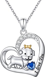 Sterling Silver Puppy Dog Pendant Necklace with Cubic Zirconia & Cable Chain - 'I Love You' Engraved Heart Design - Perfect Gift for Dog Lovers