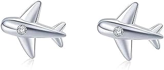CZ Airplane Earrings for Women Teen Girls S925 Sterling Silver 18K White Gold Plated Cubic Zirconia Inlay Tiny Plane Stud Tragus Post Pin Pierced Ear Hypoallergenic Airline Jewelry Gifts Souvenir