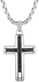 Sophisticated 1/4 Cttw Black Diamond Two Tone Stainless Steel Cross Pendant for Men with 24" Rolo Chain and Lobster-Claw Clasp