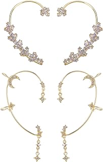 2 Pair Ear Clip Earrings for Women Clip on Earrings Non Pierced Earring Rose Flower Moon Star Clip Earrings Set