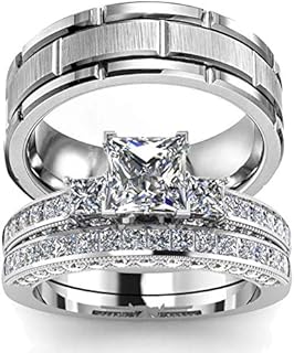 His Hers Wedding Ring Sets Couples Matching Rings Women's 10k White Gold Filled Square CZ Wedding Engagement Ring Bridal Sets & Men's Tungsten Carbide Wedding Band