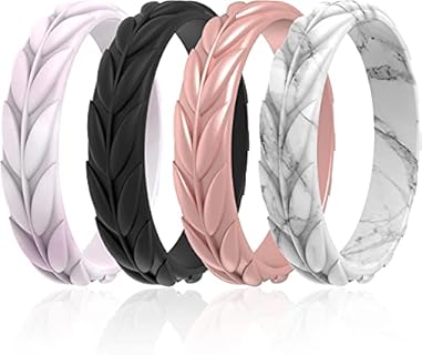 ThunderFit Silicone Wedding Rings for Women, Leaf Design Rubber Engagement Bands 5.2mm Wide 2mm Thick - 1/4/7 Variety Multipack