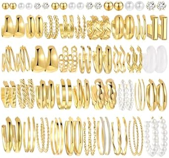 45 Pairs Gold Hoop Earrings for Women Multipack, Trendy Hypoallergenic Chunky Twisted Pearl Gold Earrings Set, Fashion Statement Thick Large Stud Earings Pack for Teen Girls Jewelry Gift