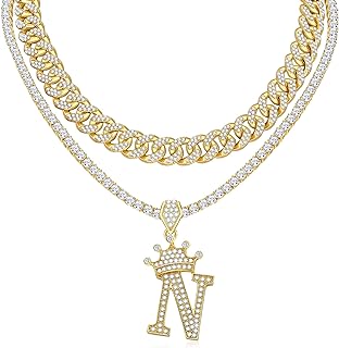 WFYOU Cuban Link Chain for Women Crown Gold Initial Pendant Necklace 18K Gold Plated Alphabet Letter Pendant Choker Hip Hop Diamond Chain Custom Name Necklace Trendy Dainty Rapper Jewelry Gift