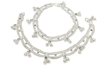 Duel On Jewel Traditional Indian Jhanjar Silver Bells Anklet Payal Set For Women in White Stones - Dancing Bohemian Beach Party