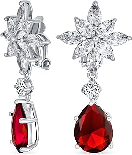 Bridal Art Deco Style Cluster Floral AAA CZ Red Or Black Statement Dangle Teardrop Chandelier Clip On Earrings For Women Simulated Ruby Onyx Silver Plated