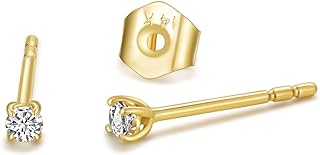 MRENITE 14K Yellow Gold Push Back Diamond Stud Earrings for Women, Round Cut Design, Gift for Her