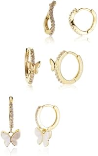 Sonateomber Stainless Steel Gold Butterfly Cubic Zirconia Huggie Hoop Earrings for Women - Butterfly/Wavy Circle Design with Hinged Hoop Back Finding