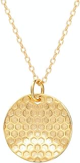 Bee and Honeycomb Gold Coin Pendant Necklace with Box Chain and Ball Clasp for Women and Teen Girls, Sterling Silver & Cubic Zirconia, Bumblebee and Hive Design