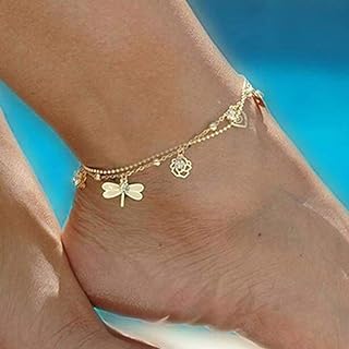 Dreamyn Boho Anklets Crystal Ankle Bracelets Flower Barefoot Foot Chain Dragonfly Anklet for Women and Girls(gold)