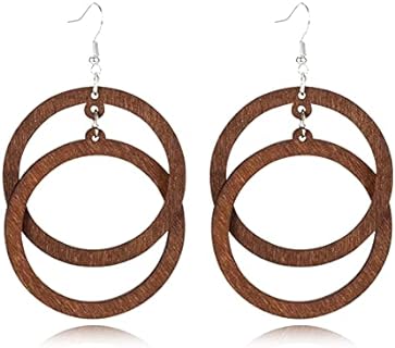 Bohemian Unique Handmade Wooden Hoop Splicing Earrings Retro Statement Colorful Contrast Wood Geometric Lightweight Dangle Drop Earrings for Women Girls