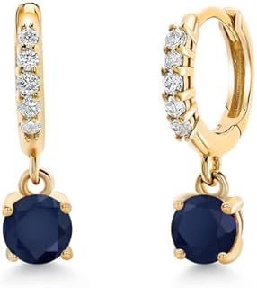 Gem Stone King 10K Yellow Gold Gemstone Birthstone and White Lab Grown Diamond Dangle Drop Huggie Hoop Earrings | Round 4MM | Gold Earrings For Women