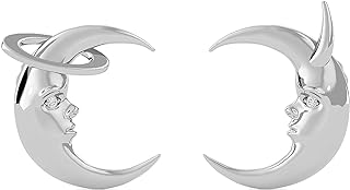 14K White Gold Plated Crescent Moon Cubic Zirconia Stud Earrings with Push Back, Angel and Devil Design - Charme de Vie Celestial Balance Studs - Skin-friendly & Tarnish Resistant