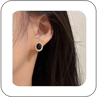 Gold-Plated Vintage Oval Stud Earrings with Black Onyx Crystal and CZ Rhinestones, Push Back Women's Jewelry