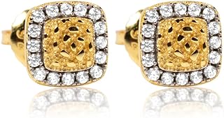 Mens Women's Small 3D Square Iced 5A Cz Unisex 90's Retro Old School Two Tone 14K Gold Sterling Silver Studs Cube Shape Textured Solid Nugget Hip Hop Screw Back Stud Earrings For Men