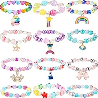 Hicarer 12 Pieces Unicorn Bracelet Mermaid Bracelet Princess Beaded Bracelets Rainbow Bracelets Girls Bow Bracelet Colorful Bracelet for Birthday Party Favors Pretend Play Bracelet