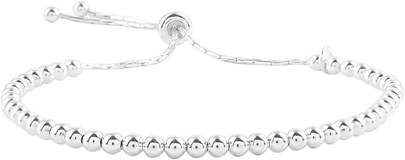 No-Clasp Sterling Silver Beaded Bolo Bracelet with Bead Chain for Women, Elegant Ball Slider Design