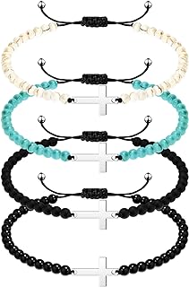 Fumete 16 Pcs Cross Bracelet, Cross Beads Bracelet for Women Men, Cross Yoga Healing Anxiety Bracelets with 4mm Natural Stone Beaded Adjustable Cross Bracelet for Couple Friendship