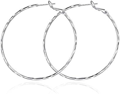 Gemsme Hoop Earrings 925 Sterling Silver Post 18K White Gold Plated Lightweight Hypoallergenic Diamond Cut Textured/Waved CZ Hoop Earrings for Women Thin Large Hoops Loop Earrings Size 50mm / 35mm