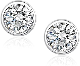 Cacupol Moissanite Earrings for Women - 0.3/0.5/1ct Bezel Diamond Earrings,Silver Bezel Set Round Stud Earrings