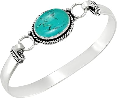 Handmade 8.80 Cts Silver Plated Turquoise Oval Cuff Bangle, 12x16mm Natural Gemstone, Elegant Women’s Day Gift for Mom, Sister, Wife - No Clasp, 7.5 Inches Long from India