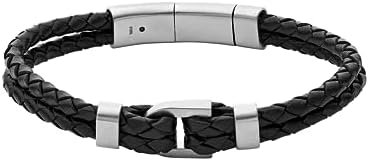 Other Clasp Genuine Leather Bracelet with Braided Stainless Steel Chain for Men, Fossil Casual Design