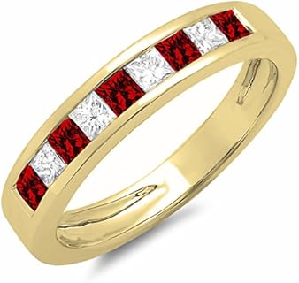Dazzlingrock Collection 14K Gold Princess Garnet & White Diamond Ladies Anniversary Wedding Band Stackable Ring