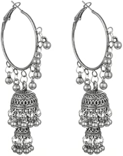 Charm Huggie Hoop Jhumka Jhumki Earring Bohemian Bell Drop Earrings Fashion Ethnic Gypsy Traditional Bollywood Tassel Dangling Oxidized Boho Jewelry Gift for Women Girls Christmas Wedding Bff
