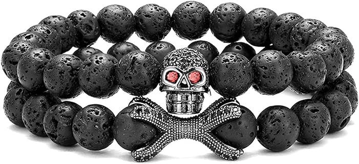 2pcs Skull Beaded Bracelet for Men Lava Rock Stone Bracelets 8mm Nature Stone Bracelet With Eagle Claws!Essential Oil Diffuser Bracelet Elastic Stretch Bracelet Birthday Easter Gift for Men Boy Son GrandSon