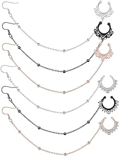 Dyknasz Faux Nose-to-Ear Ring Set with Cubic Zirconia Gems for Women - Fake Septum Rings in Stainless Steel, Non-Pierced Design