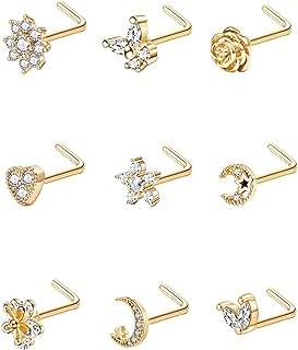 9Pcs 20G Stainless Steel Nose Rings L Shaped Nose Studs Flower Screw Nose Rings for Women Men Nose Piercing Set