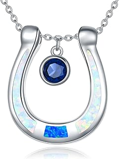 Women's 925 Sterling Silver Horseshoe Pendant Necklace with Created Sapphire and Lobster Clasp, Cable Chain - Opal-adorned Sapphire Jewelry Gift