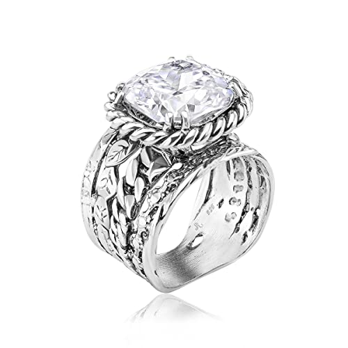 925 Sterling Silver Ring With Cushion Cubic Zirconia CZ, Multi Textured, Vintage Look Stylish Hypoallergenic, Nickel and Lead-free, Artisan Handcrafted Designer Collection Made in Israel (Size 5-11)