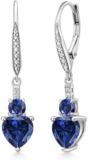 Gem Stone King 925 Sterling Silver Blue Simulated Sapphire Blue Created Sapphire and White Lab Grown Diamond Drop Dangle Earrings For Women (2.73 Cttw, Heart Shape 7MM, Round 4MM)